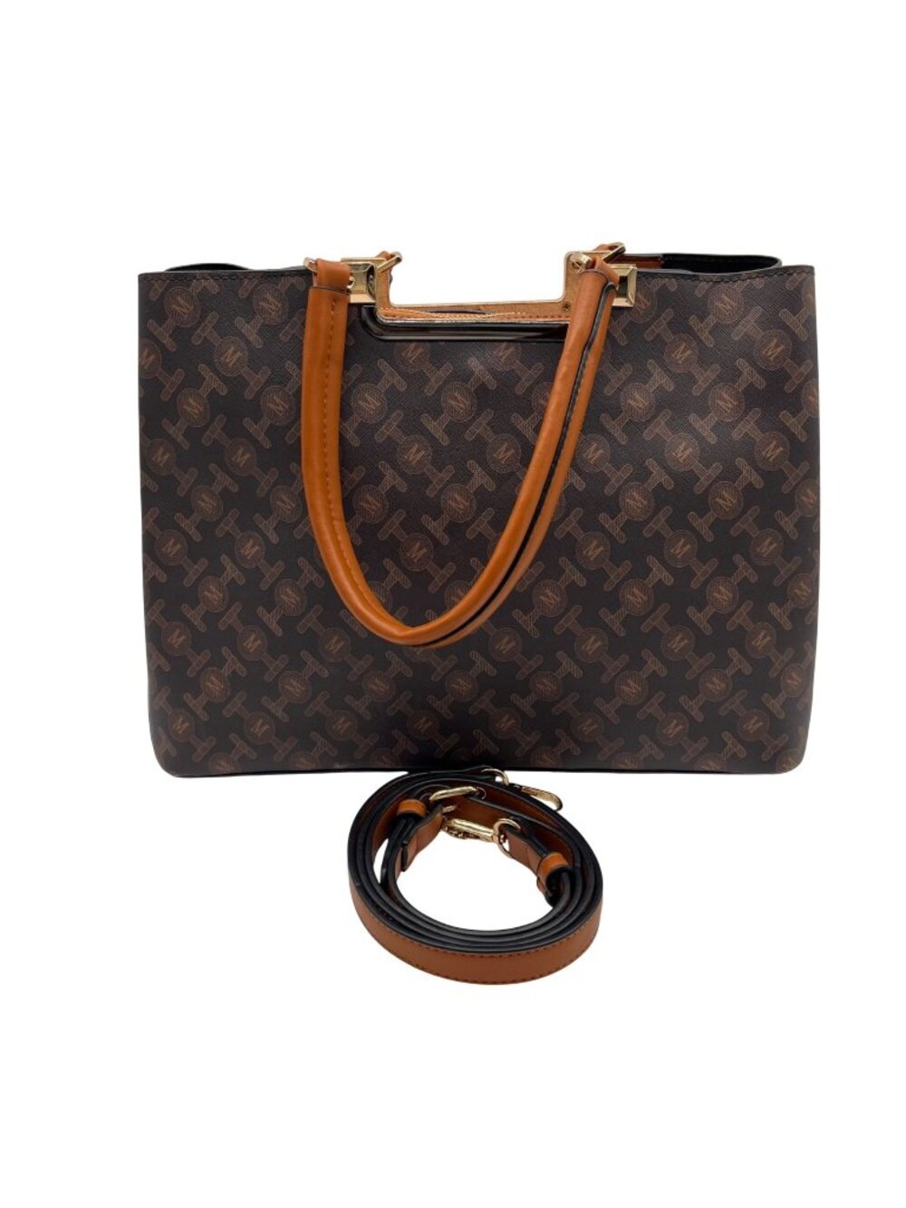 American Bee Brown Monogram Faux Leather Structured Tote